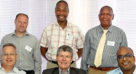 Left to right. Seated: Rian Giesing, Gerhard van Den Bergh, Logan Naidoo. Standing: Massimo Carelle, Sydney Nonyongo, Ruben Tshwene.